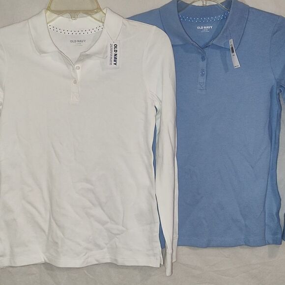 Lot of 2 Old Navy shirt polo uniform long sleeve Large (10-12) Blue And White - Picture 1 of 8